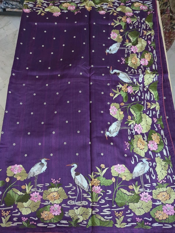 Tusser With Rice Embroidery  - Purple