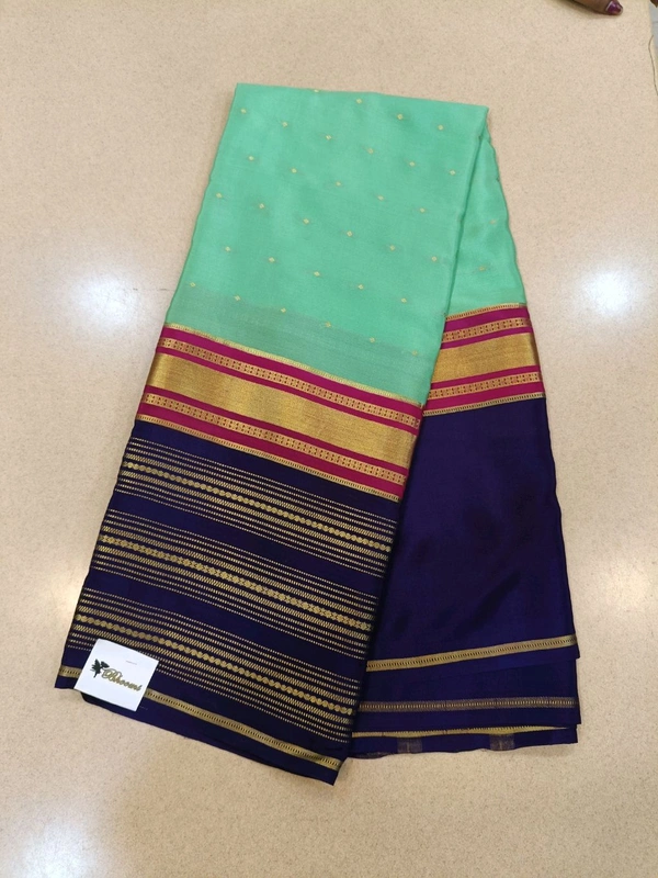 Pure Mysore Crepe - sea green with blue border