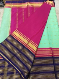 Pure Mysore Crepe - sea green with blue border