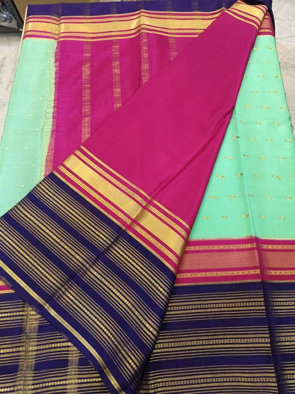 Pure Mysore Crepe - sea green with blue border