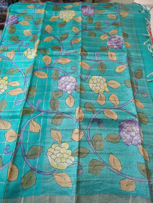 pure handloom tussar - red with sea green