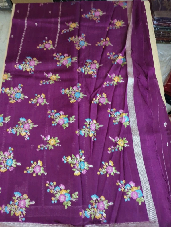 Pure Tusser Georgette  - wine, Flowers