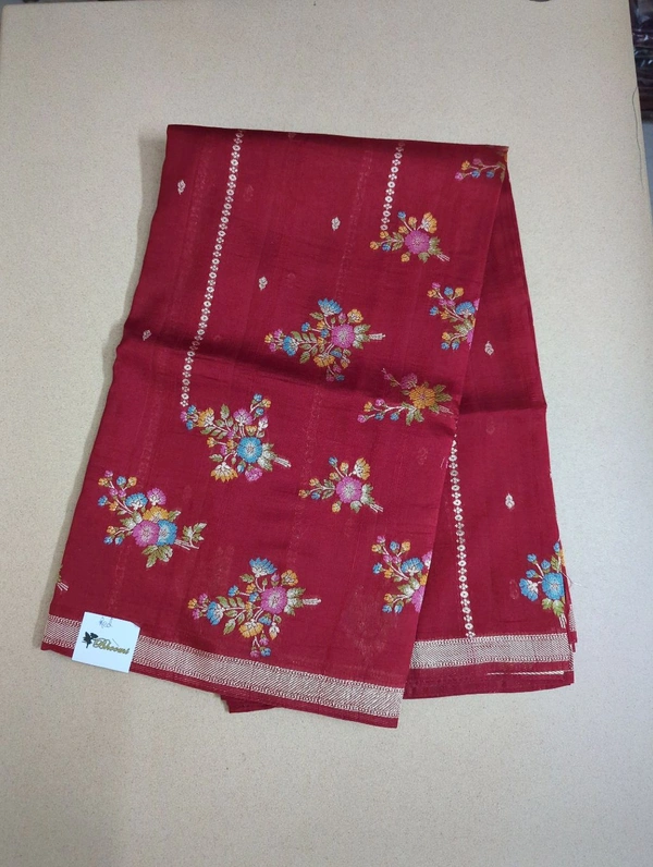 Pure Tusser Georgette  - Red, Flowers