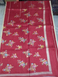 Pure Tusser Georgette  - Red, Flowers