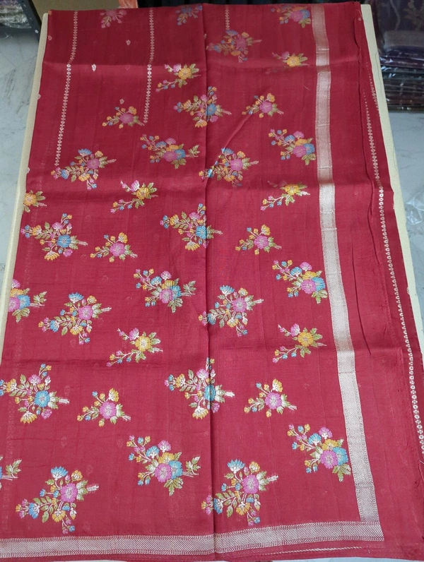 Pure Tusser Georgette  - Red, Flowers