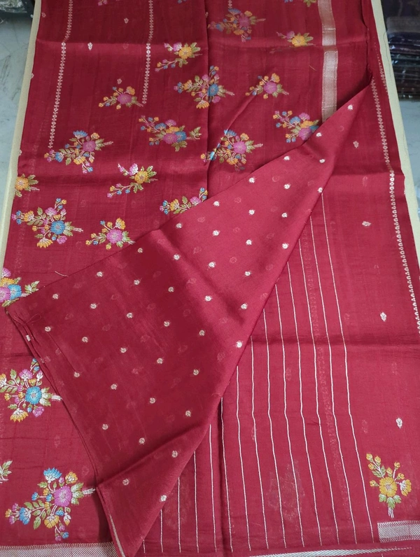 Pure Tusser Georgette  - Red, Flowers