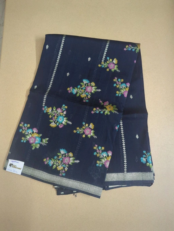 Pure Tusser Georgette  - Navy Blue, Flower