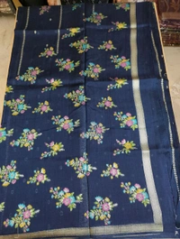 Pure Tusser Georgette  - Navy Blue, Flower
