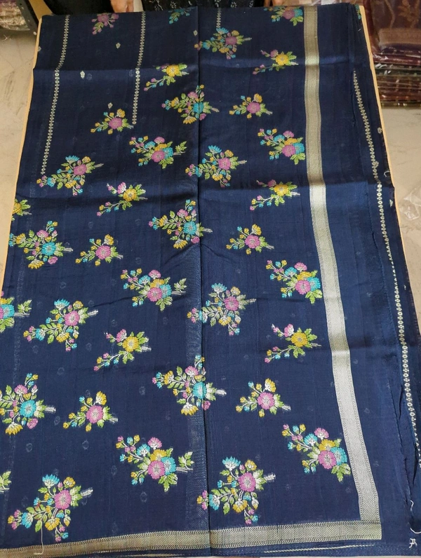 Pure Tusser Georgette  - Navy Blue, Flower