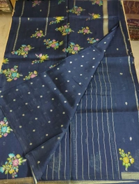 Pure Tusser Georgette  - Navy Blue, Flower