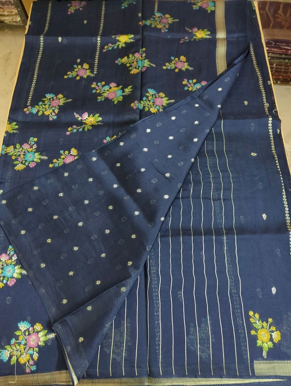 Pure Tusser Georgette  - Navy Blue, Flower