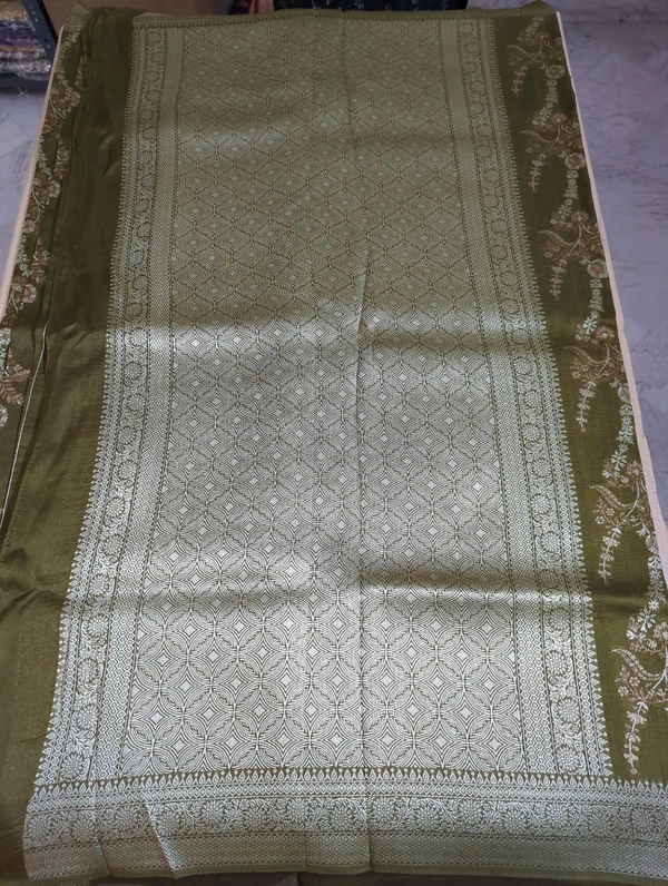 Pure Tusser Georgette  - olive green, Waves