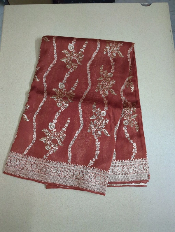 Pure Tusser Georgette  - Red Damask, Waves