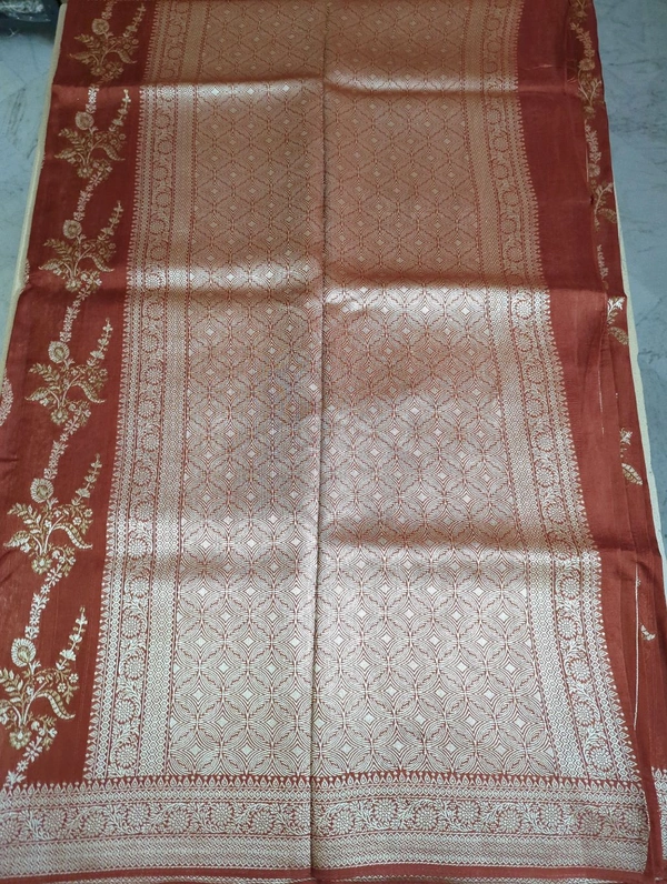 Pure Tusser Georgette  - Red Damask, Waves