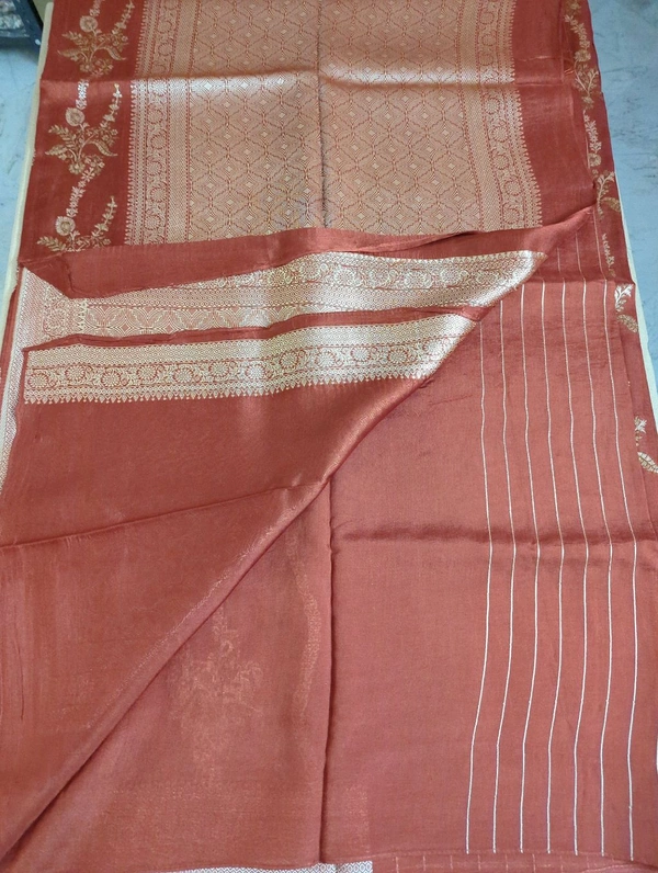 Pure Tusser Georgette  - Red Damask, Waves