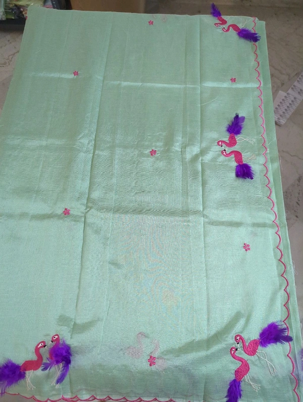Pure Mangalagiri Pattu With Feather Work - sea blue 1
