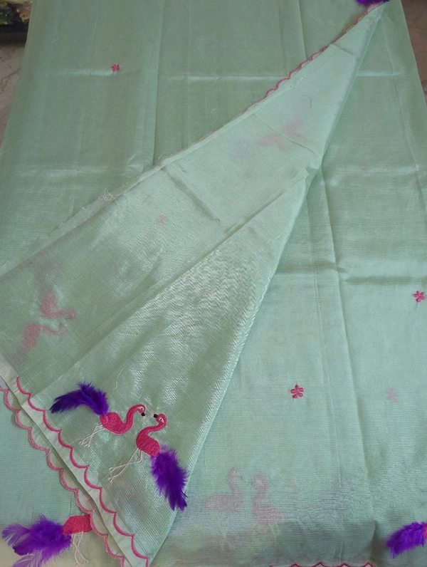 Pure Mangalagiri Pattu With Feather Work - sea blue 1