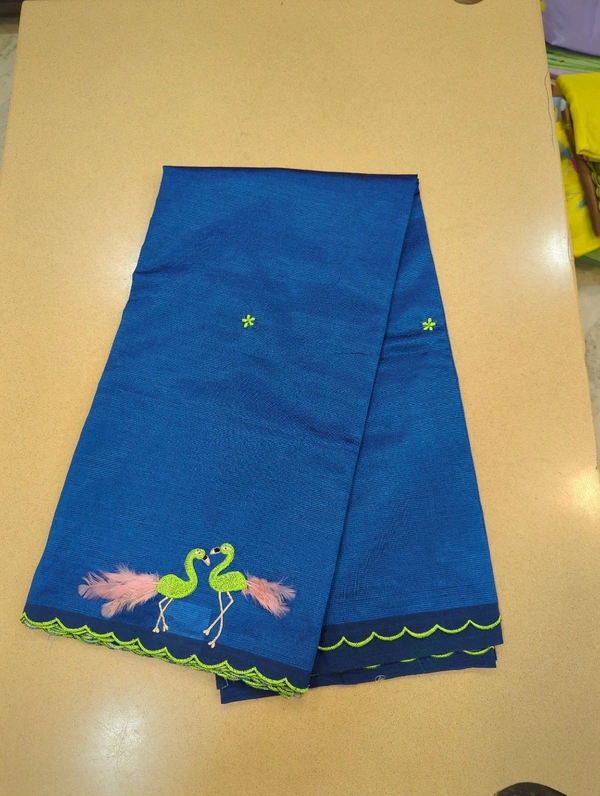 Pure Mangalagiri Pattu With Feather Work - blue 6