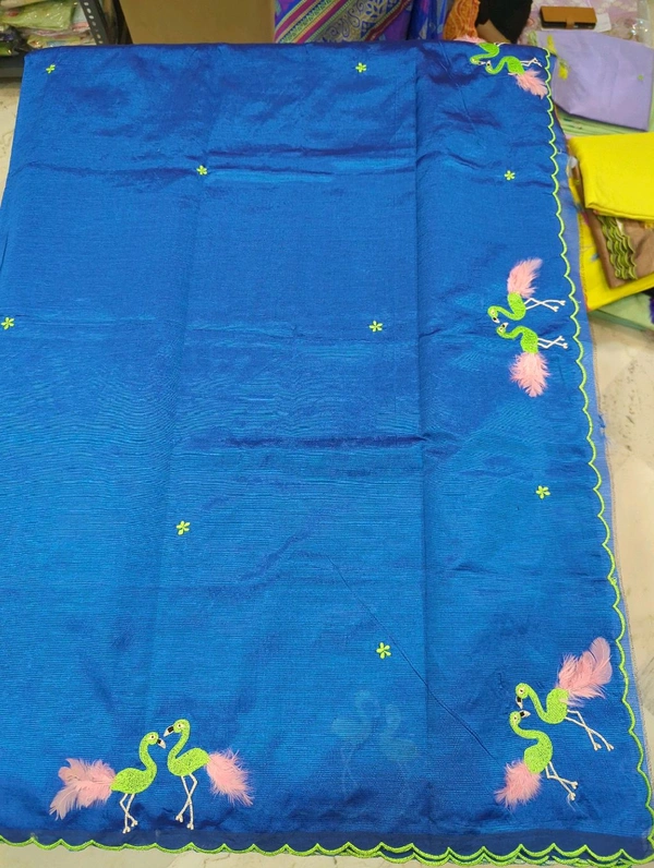Pure Mangalagiri Pattu With Feather Work - blue 6