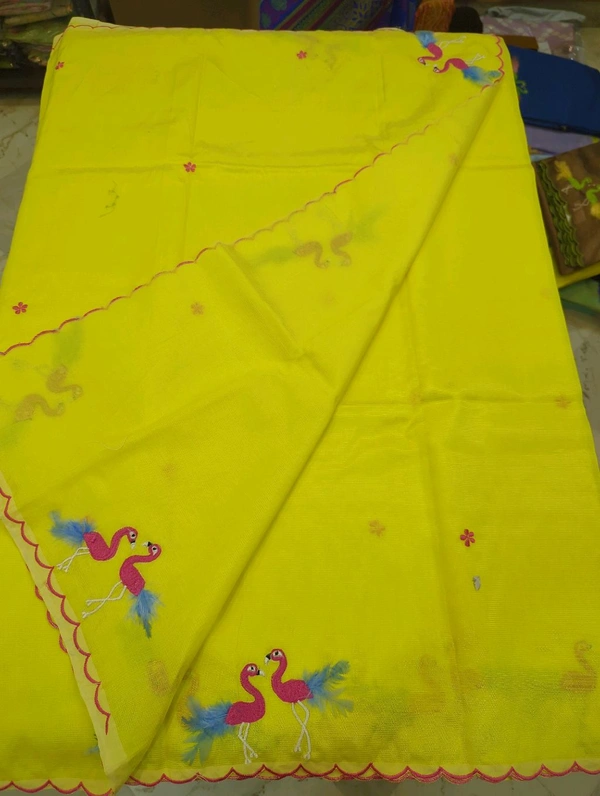 Pure Mangalagiri Pattu With Feather Work - yellow 7