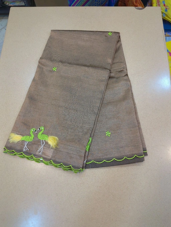 Pure Mangalagiri Pattu With Feather Work - brown 8