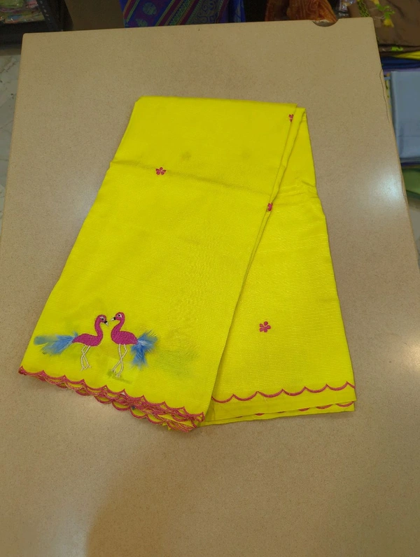 Pure Mangalagiri Pattu With Feather Work - yellow 9