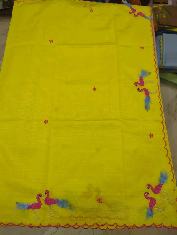 Pure Mangalagiri Pattu With Feather Work - yellow 9