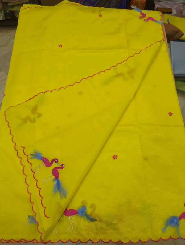 Pure Mangalagiri Pattu With Feather Work - yellow 9