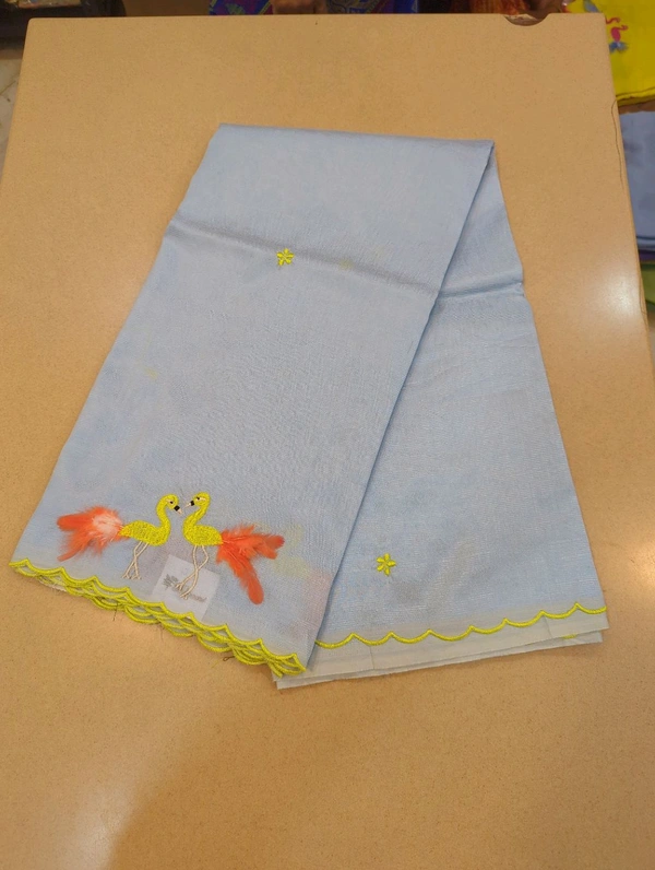 Pure Mangalagiri Pattu With Feather Work - mist blue 10