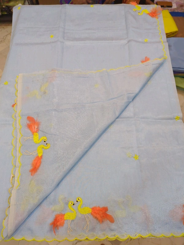 Pure Mangalagiri Pattu With Feather Work - mist blue 10