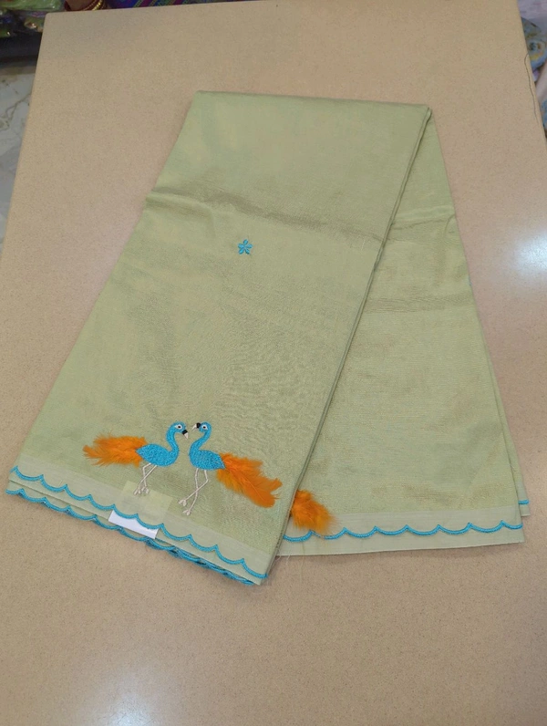 Pure Mangalagiri Pattu With Feather Work - olive 13
