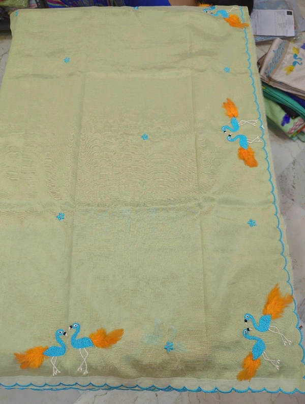 Pure Mangalagiri Pattu With Feather Work - olive 13