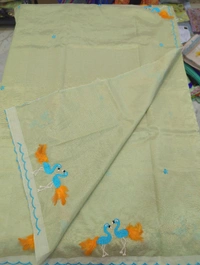 Pure Mangalagiri Pattu With Feather Work - olive 13