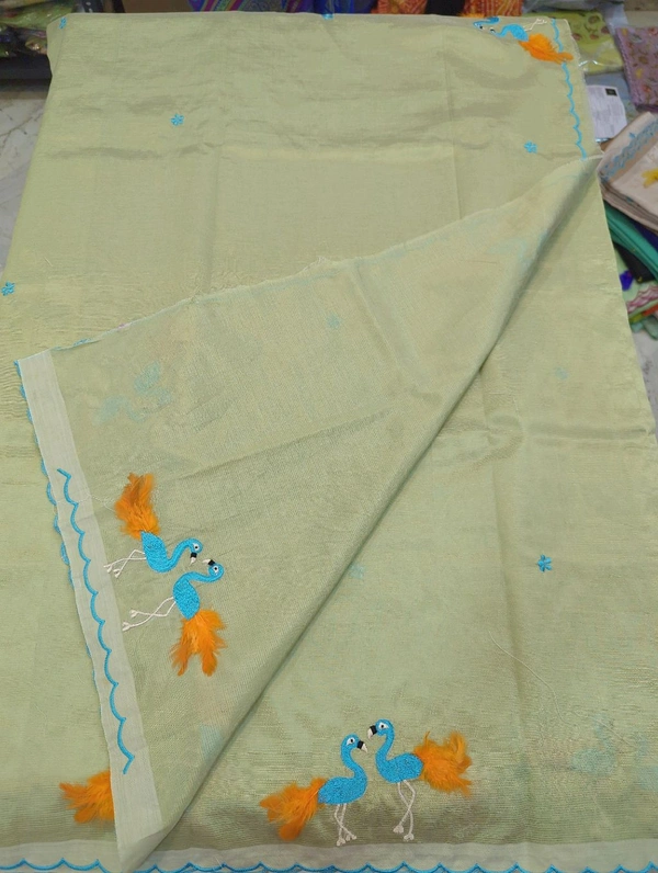 Pure Mangalagiri Pattu With Feather Work - olive 13