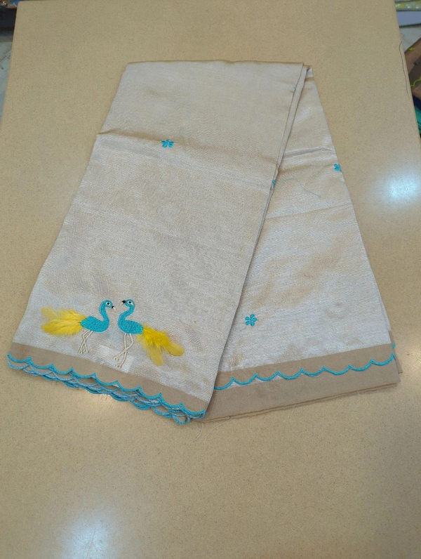 Pure Mangalagiri Pattu With Feather Work - peach 14