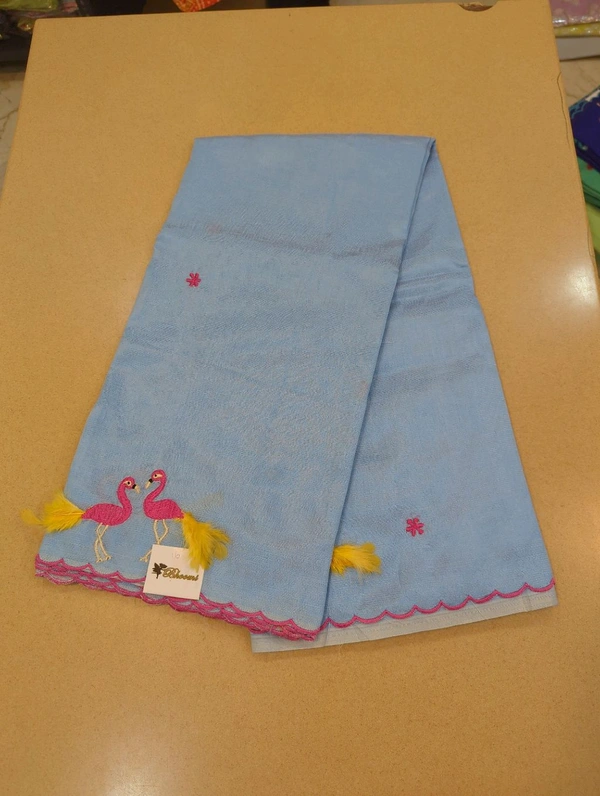 Pure Mangalagiri Pattu With Feather Work - blue 16