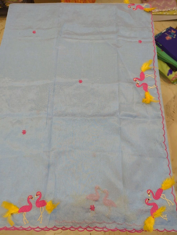 Pure Mangalagiri Pattu With Feather Work - blue 16