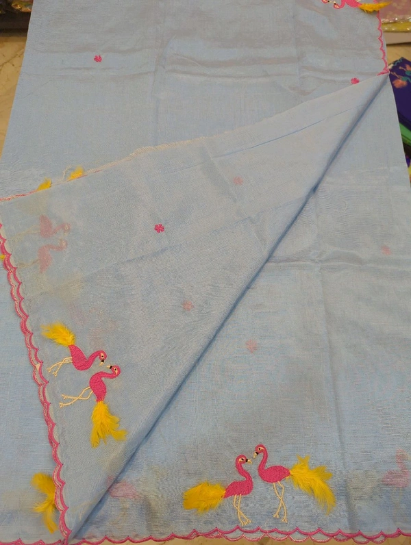 Pure Mangalagiri Pattu With Feather Work - blue 16