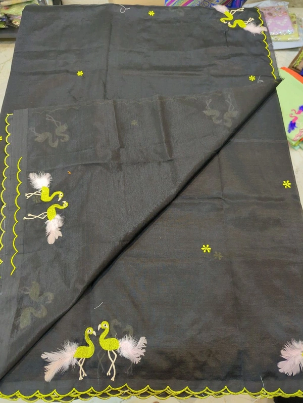 Pure Mangalagiri Pattu With Feather Work - black 19