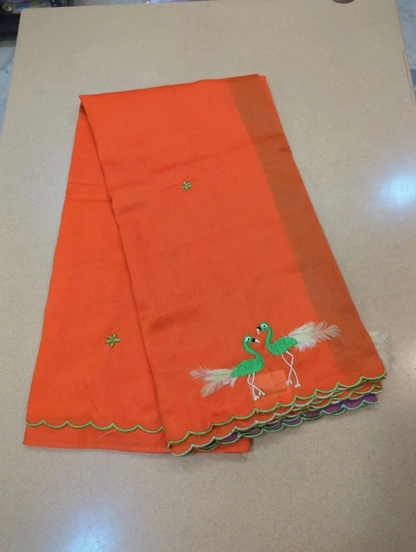 Pure Mangalagiri Pattu With Feather Work - orange 21