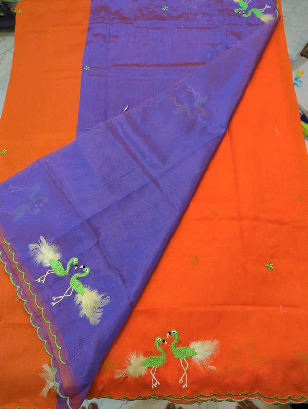 Pure Mangalagiri Pattu With Feather Work - orange 21