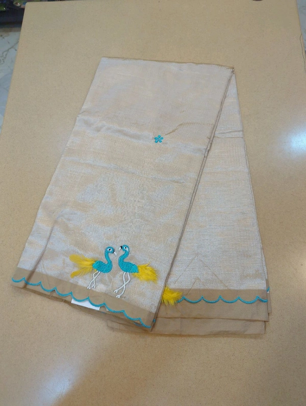Pure Mangalagiri Pattu With Feather Work - peach 22