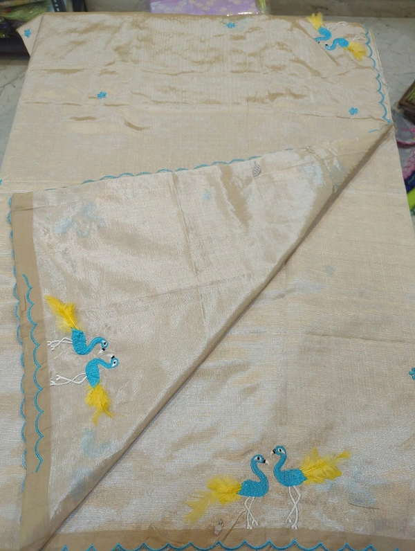 Pure Mangalagiri Pattu With Feather Work - peach 22