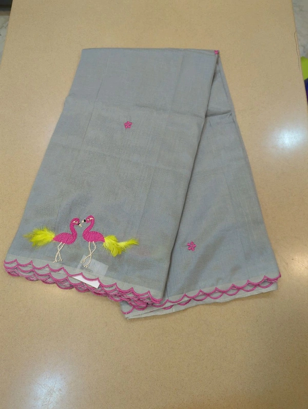 Pure Mangalagiri Pattu With Feather Work - gray 24