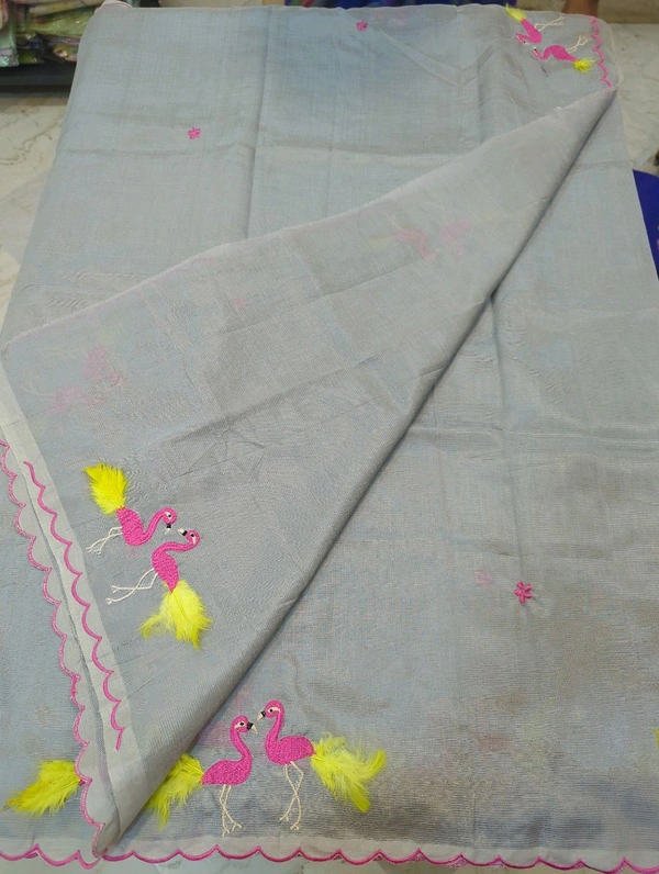 Pure Mangalagiri Pattu With Feather Work - gray 24