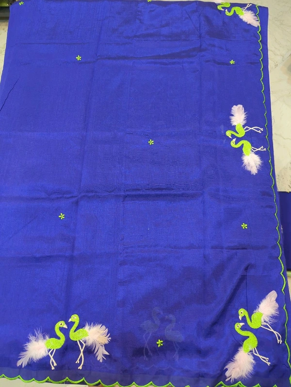 Pure Mangalagiri Pattu With Feather Work - blue 28