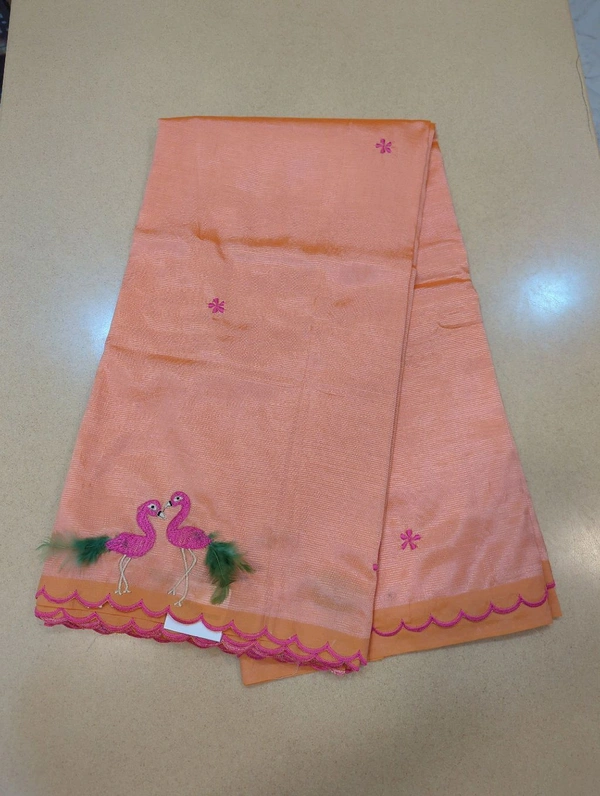 Pure Mangalagiri Pattu With Feather Work - orange 31