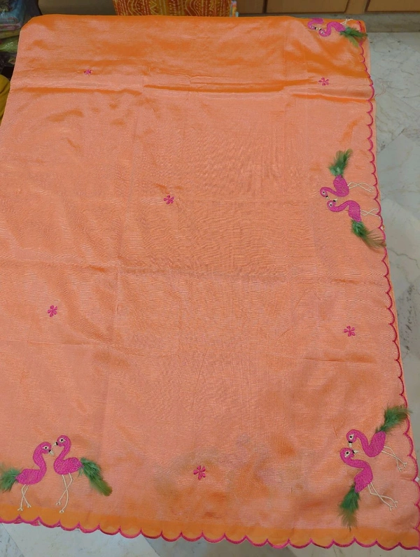 Pure Mangalagiri Pattu With Feather Work - orange 31