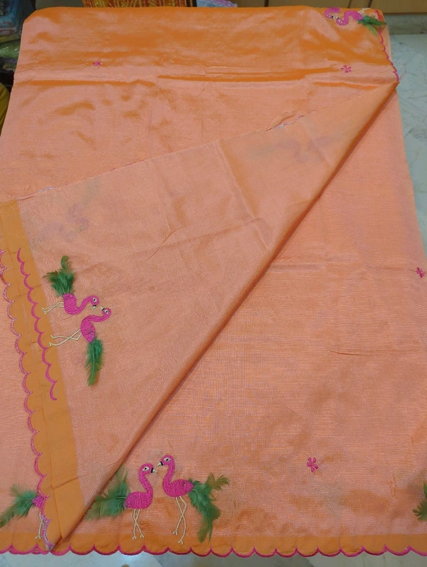 Pure Mangalagiri Pattu With Feather Work - orange 31