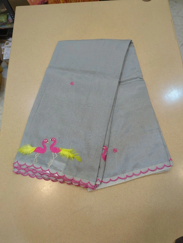 Pure Mangalagiri Pattu With Feather Work - gray 32